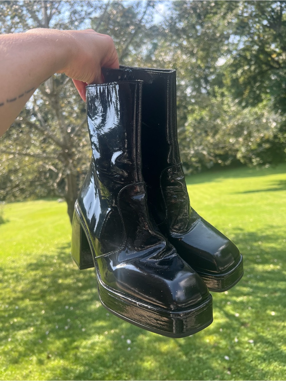 Free People Black Patent Platform Block Heel Ankle Boots
